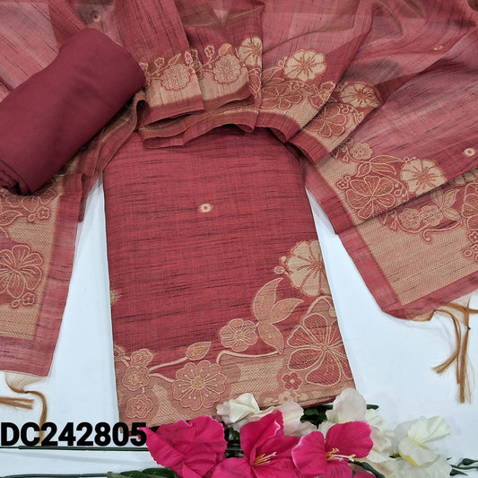 CODE DC242805 : Pink shade jamdani woven premium silk cotton unstitched salwar material(thin fabric, lining needed)matching santoon bottom, jamdani woven premium silk cotton dupatta with tassels.