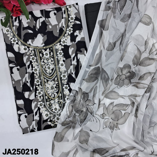 CODE JA250218 : Black base abstract printed soft cotton unstitched salwar material, embroidered on yoke(lining optional)matching cotton bottom, brush painted chiffon dupatta.