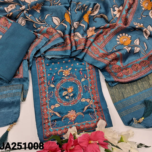 CODE JA251008 : Light teal blue pure dola silk unstitched salwar material, gajji silk yoke patch with zardozi& sequins work(shiny fabric, lining needed)matching santoon bottom, floral printed pure gajji silk dupatta with gold tissue pallu.