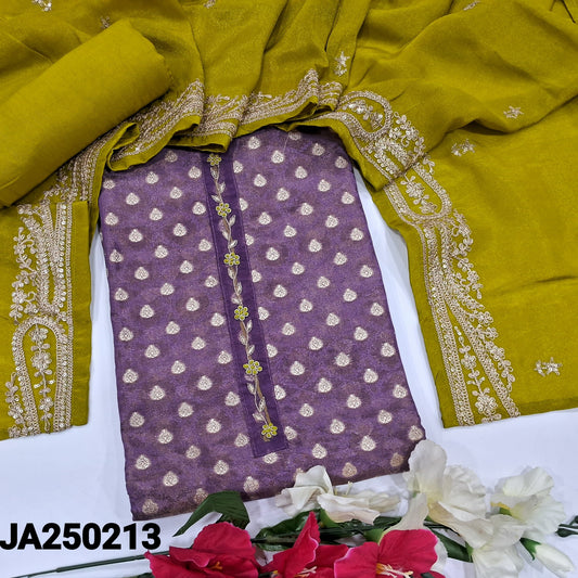 CODE JA250213 : Purple designer tissue organza silk unstitched salwar material, zardozi &thread work on yoke, zari buttas all over(thin fabric, lining needed)mehandhi green santoon bottom, tissue organza short width dupatta with zari &sequins work.