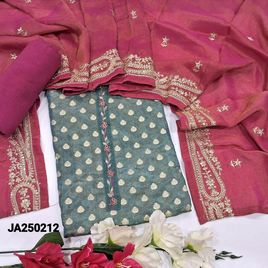 CODE JA250212 : Light teal blue designer tissue organza silk unstitched salwar material, zardozi &thread work on yoke, zari buttas all over(thin fabric, lining needed)pink santoon bottom, tissue organza short width dupatta with zari &sequins work.