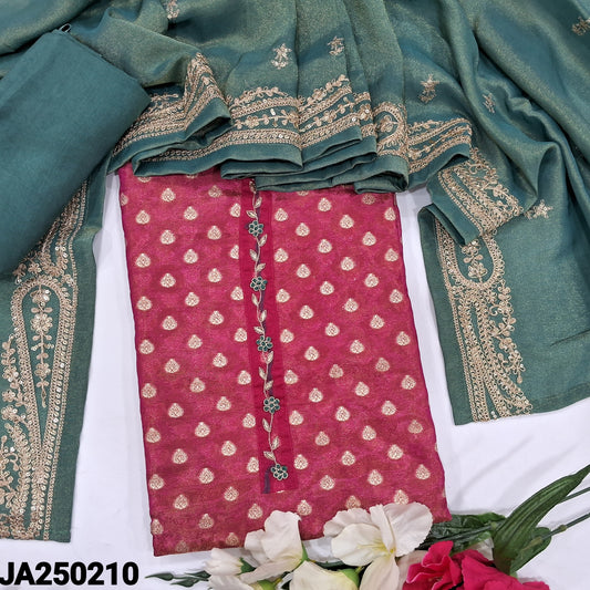 CODE JA250210 : Bright pink designer tissue organza silk unstitched salwar material, zardozi &thread work on yoke, zari buttas all over(thin fabric, lining needed)light teal blue santoon bottom, tissue organza short width dupatta with zari &sequins work.