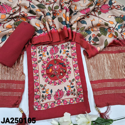 CODE JA250105 : Reddish maroon pure dola silk unstitched salwar material, pure gajji silk yoke with zari& sequins work(shiny fabric, lining needed)matching santoon bottom, printed short width pure gajji silk dupatta with gold tissue pallu.