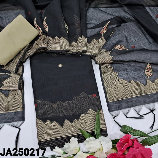 CODE JA250217 : Black jamdani woven premium silk cotton  unstitched salwar material(thin fabric, lining needed)light beige silk cotton bottom, jamdani woven premium silk cotton dupatta with tassels.