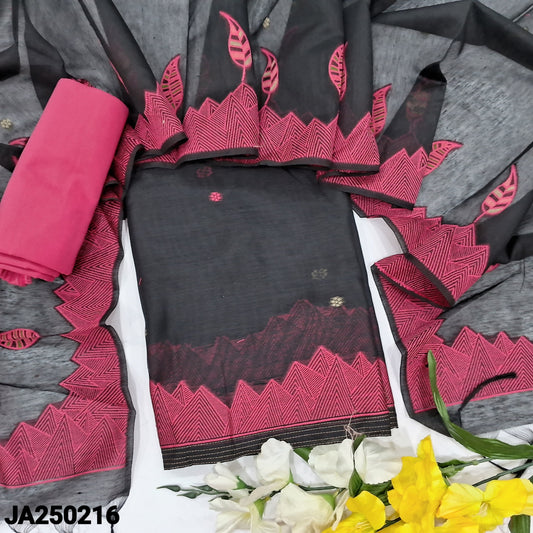 CODE JA250216 : Black jamdani woven premium silk cotton  unstitched salwar material(thin fabric, lining needed)pink silk cotton bottom, jamdani woven premium silk cotton dupatta with tassels.