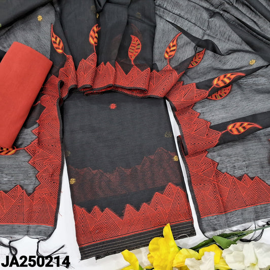 CODE JA250214 : Black jamdani woven premium silk cotton  unstitched salwar material(thin fabric, lining needed)red silk cotton bottom, jamdani woven premium silk cotton dupatta with tassels.