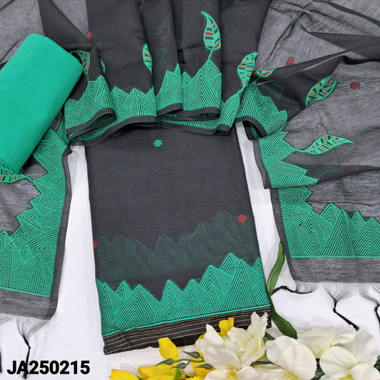 CODE JA250215 : Black jamdani woven premium silk cotton unstitched salwar material(thin fabric, lining needed)turquoise green silk cotton bottom, jamdani woven premium silk cotton dupatta with tassels.