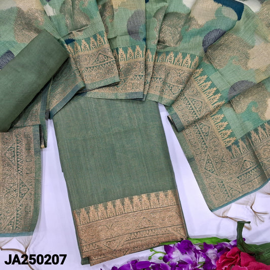 CODE JA250207 : Sage green premium silk cotton unstitched salwar material(thin fabric, lining needed)matching santoon bottom, jamdani woven premium silk cotton dupatta.