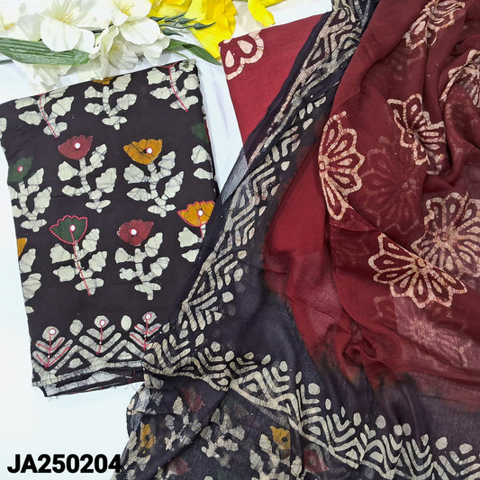 CODE JA250204 : Black original wax batik dyed premium satin cotton unstitched salwar material, zari& faux mirror work on yoke(lining needed)maroon batik dyed cotton bottom, original wax batik dual shaded chiffon dupatta.