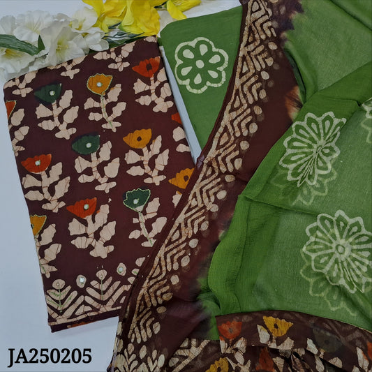 CODE JA250205 : Dark maroon original wax batik dyed premium satin cotton unstitched salwar material, zari& faux mirror work on yoke(lining needed)green batik dyed cotton bottom, original wax batik dual shaded chiffon dupatta.