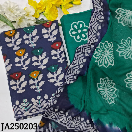 CODE JA250203 : Dark blue original wax batik dyed premium satin cotton unstitched salwar material, zari& faux mirror work on yoke(lining needed)turquoise green batik dyed cotton bottom, original wax batik dual shaded chiffon dupatta.