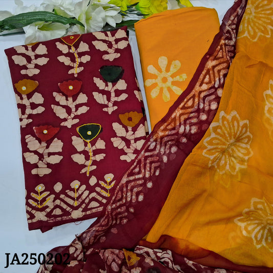 CODE JA250202 : Reddish maroon original wax batik dyed premium satin cotton unstitched salwar material, zari& faux mirror work on yoke(lining needed)yellow batik dyed cotton bottom, original wax batik dual shaded chiffon dupatta.