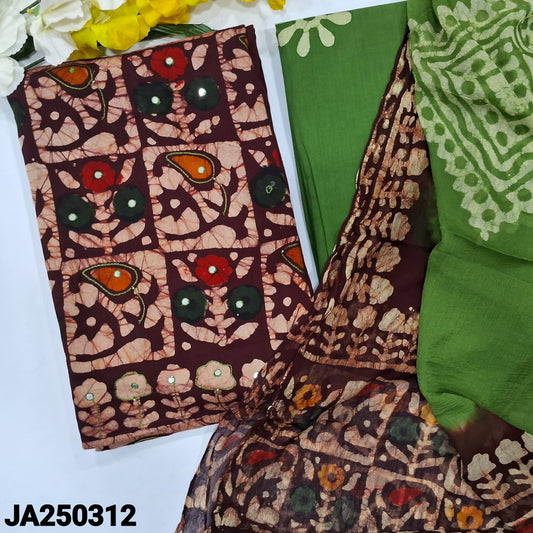 CODE JA250312 : Dark maroon original wax batik premium cotton unstitched salwar material(lining needed)green batik dyed cotton bottom, original wax batik dyed pure chiffon dupatta.