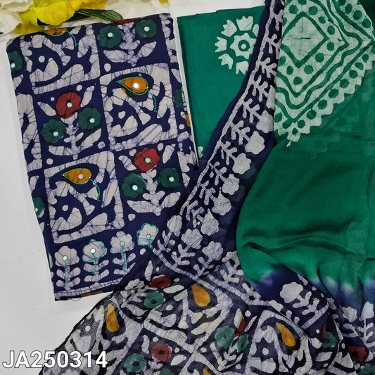 CODE JA250314 : Dark blue original wax batik premium cotton unstitched salwar material(lining needed)turquoise green batik dyed cotton bottom, original wax batik dyed pure chiffon dupatta.