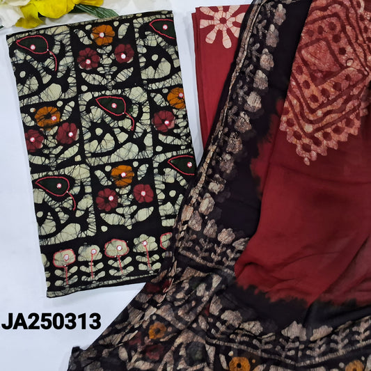 CODE JA250313 : Black original wax batik premium cotton unstitched salwar material(lining needed)maroon batik dyed cotton bottom, original wax batik dyed pure chiffon dupatta.