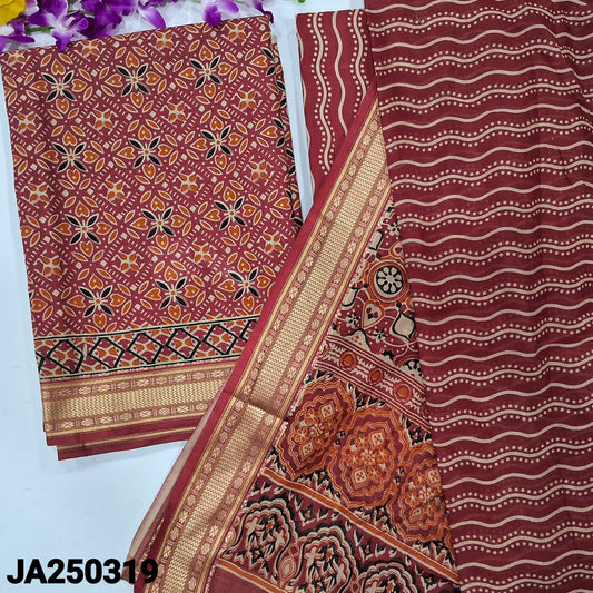 CODE JA250319 : Maroon printed pure cotton unstitched salwar material(lining needed)printed cotton bottom, printed pure cotton dupatta with borders.