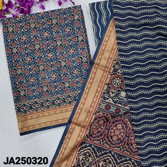 CODE JA250320 : Blue printed pure cotton unstitched salwar material(lining needed)printed cotton bottom, printed pure cotton dupatta with borders.