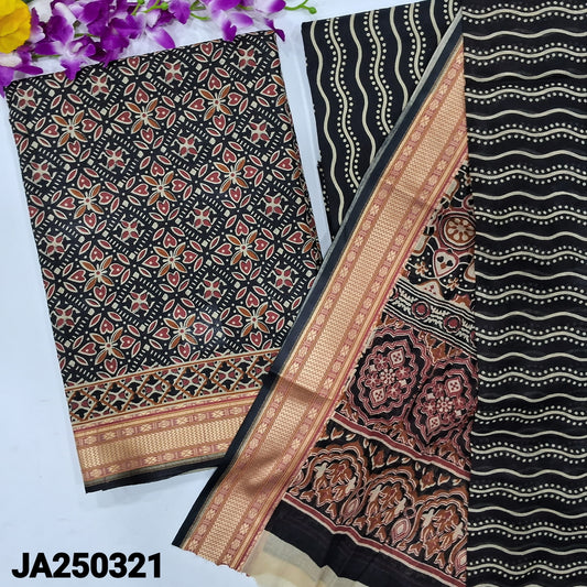 CODE JA250321 : Black printed pure cotton unstitched salwar material(lining needed)printed cotton bottom, printed pure cotton dupatta with borders.