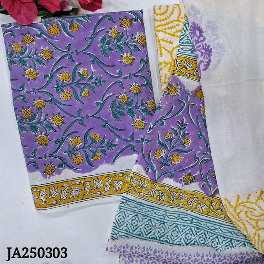 CODE JA250303 : Purple hand block printed premium soft cotton unstitched salwar material(lining needed)hand block printed soft cotton bottom, hand block printed premium soft cotton full length dupatta(REQUIRES TAPINGS).