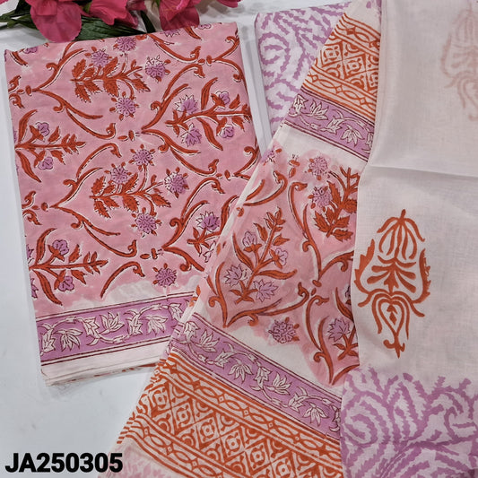 CODE JA250305 : Pink hand block printed premium soft cotton unstitched salwar material(lining needed)hand block printed soft cotton bottom, hand block printed premium soft cotton full length dupatta(REQUIRES TAPINGS).