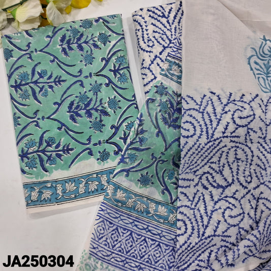 CODE JA250304 : Pastel blue hand block printed premium soft cotton unstitched salwar material(lining needed)hand block printed soft cotton bottom, hand block printed premium soft cotton full length dupatta(REQUIRES TAPINGS).