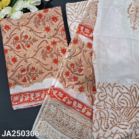 CODE JA250306 : Dark beige hand block printed premium soft cotton unstitched salwar material(lining needed)hand block printed soft cotton bottom, hand block printed premium soft cotton full length dupatta(REQUIRES TAPINGS).