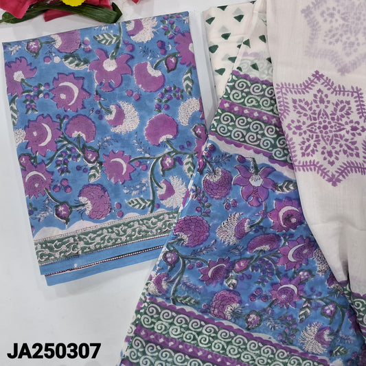 CODE JA250307 : blue hand block printed premium soft cotton unstitched salwar material(lining needed)hand block printed soft cotton bottom, hand block printed premium soft cotton full length dupatta(REQUIRES TAPINGS).