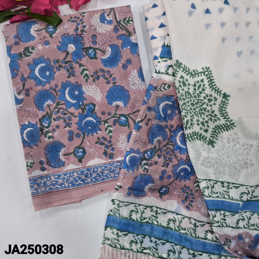 CODE JA250308 : Pale pink hand block printed premium soft cotton unstitched salwar material(lining needed)hand block printed soft cotton bottom, hand block printed premium soft cotton full length dupatta(REQUIRES TAPINGS).