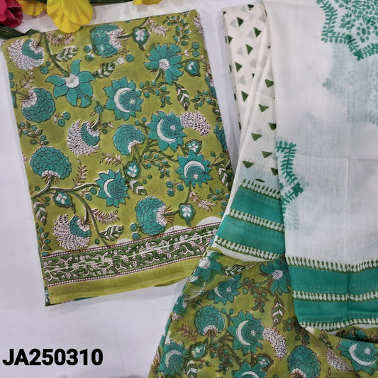 CODE JA250310 : Light green hand block printed premium soft cotton unstitched salwar material(lining needed)hand block printed soft cotton bottom, hand block printed premium soft cotton full length dupatta(REQUIRES TAPINGS).