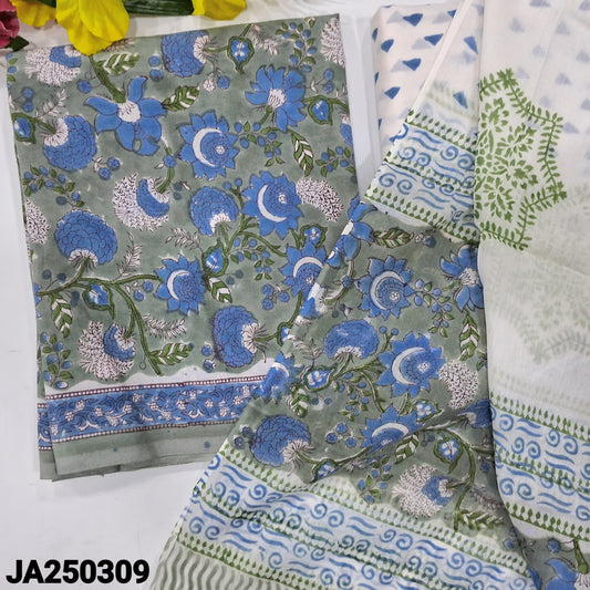 CODE JA250309 : Cement green hand block printed premium soft cotton unstitched salwar material(lining needed)hand block printed soft cotton bottom, hand block printed premium soft cotton full length dupatta(REQUIRES TAPINGS).