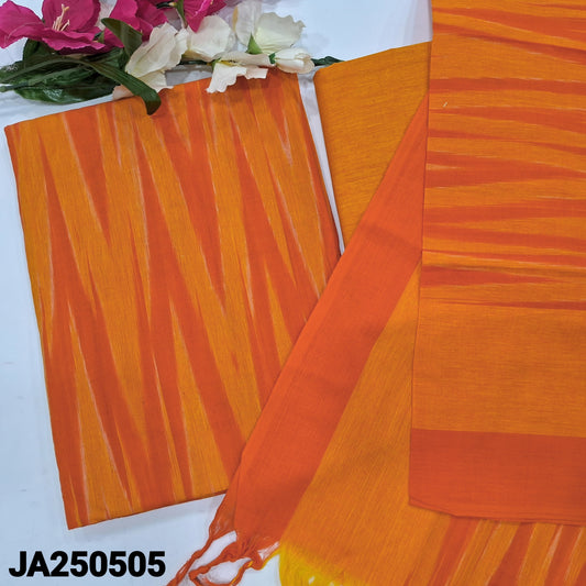 CODE JA250505 : Yellow& orange dual shaded south handloom cotton unstitched salwar material, ikat design all over(lining needed)matching south handloom cotton bottom, south handloom cotton dupatta with ikat woven design.