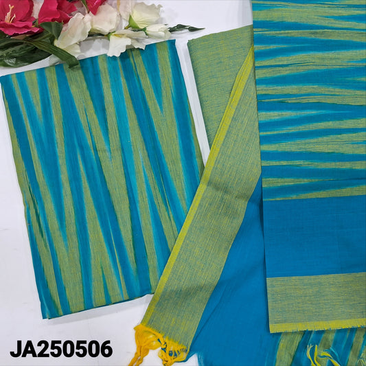 CODE JA250506 : Dark turquoise blue& green dual shaded south handloom cotton unstitched salwar material, ikat design all over(lining needed)matching south handloom cotton bottom, south handloom cotton dupatta with ikat woven design.