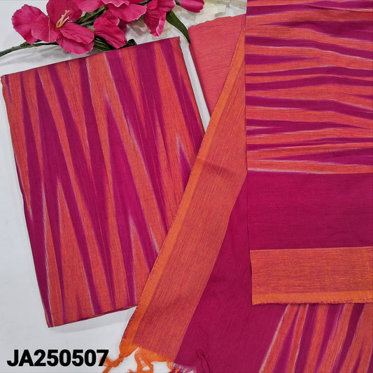 CODE JA250507 : Bright pink& orange dual shaded south handloom cotton unstitched salwar material, ikat design all over(lining needed)matching south handloom cotton bottom, south handloom cotton dupatta with ikat woven design.