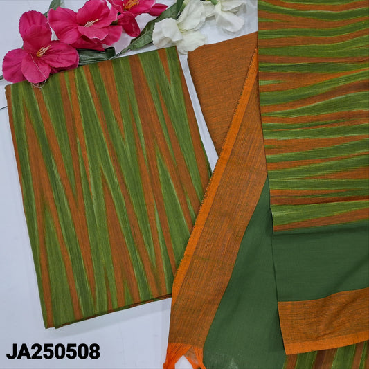 CODE JA250508 : Mossy green& yellow dual shaded south handloom cotton unstitched salwar material, ikat design all over(lining needed)matching south handloom cotton bottom, south handloom cotton dupatta with ikat woven design