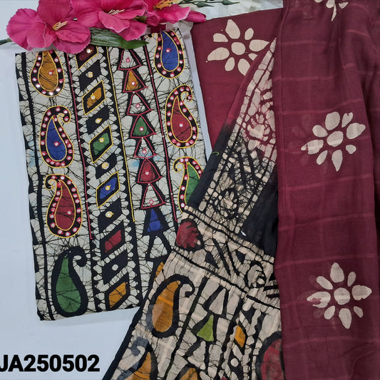 CODE JA250502 : Black base original batik dyed pure cotton unstitched salwar material, thread& faux mirror work on yoke(lining needed)maroon batik dyed cotton bottom, dual shaded original wax batik dyed pure cotton dupatta(REQUIRES TAPINGS).