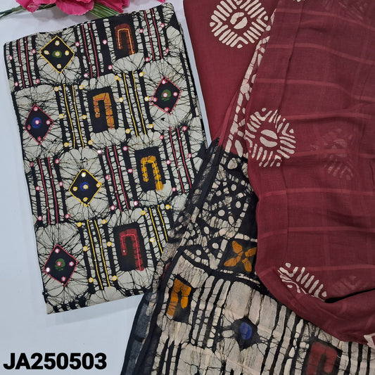 CODE JA250503 : Black base original batik dyed pure cotton unstitched salwar material, thread& faux mirror work on yoke(lining needed)maroon batik dyed cotton bottom, dual shaded original wax batik dyed pure cotton dupatta(REQUIRES TAPINGS).