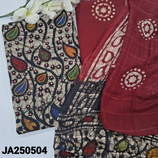 CODE JA250504 : Black base original batik dyed pure cotton unstitched salwar material, thread& faux mirror work on yoke(lining needed)maroon batik dyed cotton bottom, dual shaded original wax batik dyed pure cotton dupatta(REQUIRES TAPINGS).