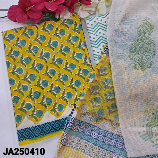 CODE JA250410 : Bright sunshine yellow hand block printed premium cotton unstitched salwar material(lining needed)zigzag printed cotton bottom, hand block printed kota cotton dupatta.