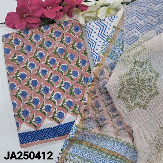 CODE JA250412 : Peachish pink hand block printed premium cotton unstitched salwar material(lining needed)zigzag printed cotton bottom, hand block printed kota cotton dupatta.