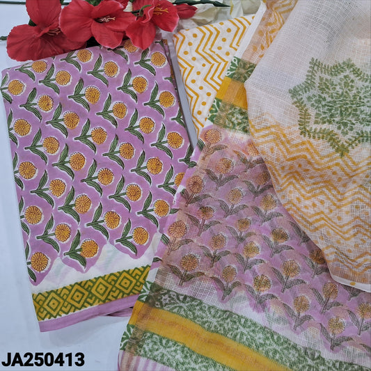 CODE JA250413 : Pink hand block printed premium cotton unstitched salwar material(lining needed)zigzag printed cotton bottom, hand block printed kota cotton dupatta.