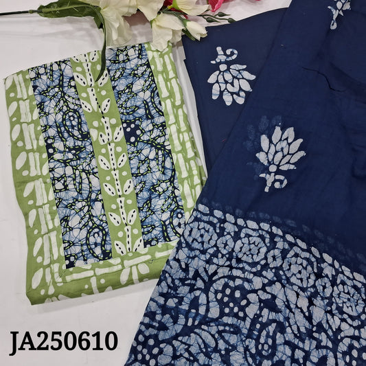 CODE JA250610 : Green original wax batik dyed satin cotton unstitched salwar material, thread work on yoke(lining needed)dark blue batik dyed cotton bottom, original wax batik dyed pure mul cotton dupatta.