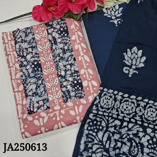 CODE JA250613 : Pastel pink original wax batik dyed satin cotton unstitched salwar material, thread work on yoke(lining needed)dark blue batik dyed cotton bottom, original wax batik dyed pure mul cotton dupatta.