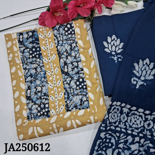 CODE JA250612 : Yellowish beige original wax batik dyed satin cotton unstitched salwar material, thread work on yoke(lining needed)dark blue batik dyed cotton bottom, original wax batik dyed pure mul cotton dupatta.