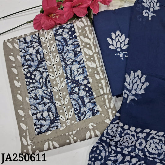 CODE JA250611 : Grey original wax batik dyed satin cotton unstitched salwar material, thread work on yoke(lining needed)dark blue batik dyed cotton bottom, original wax batik dyed pure mul cotton dupatta.