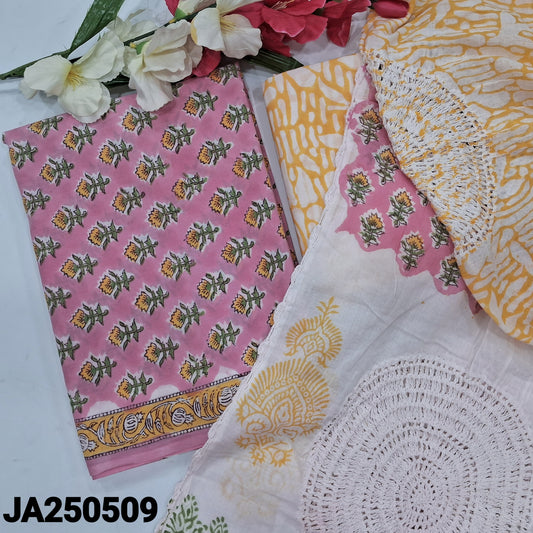 CODE JA250509 : Pastel pink hand block printed pure cotton unstitched salwar material(lining needed)hand block printed cotton bottom, block printed pure mul cotton dupatta with crochet lace work.