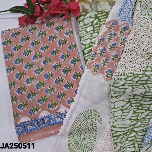 CODE JA250511 : Light onion pink hand block printed pure cotton unstitched salwar material(lining needed)hand block printed cotton bottom, block printed pure mul cotton dupatta with crochet lace work.