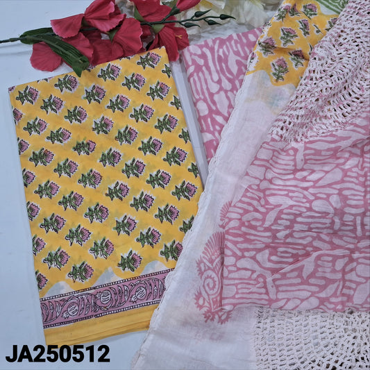 CODE JA250512 : Yellow hand block printed pure cotton unstitched salwar material(lining needed)hand block printed cotton bottom, block printed pure mul cotton dupatta with crochet lace work.