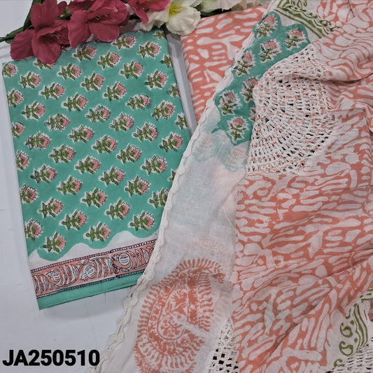 CODE JA250510 : Sea green hand block printed pure cotton unstitched salwar material(lining needed)hand block printed cotton bottom, block printed pure mul cotton dupatta with crochet lace work.