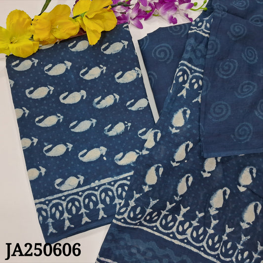 CODE JA250606 : Indigo blue hand block printed pure cotton unstitched salwar material(lining needed)hand block printed cotton bottom, hand block printed pure mul cotton full length dupatta(REQUIRES TAPINGS).