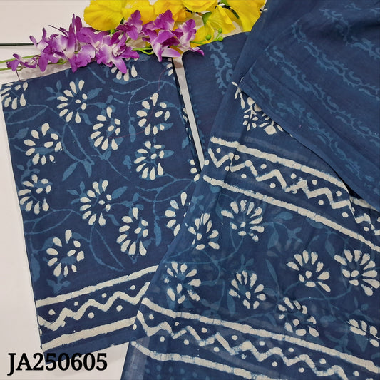 CODE JA250605 : Indigo blue hand block printed pure cotton unstitched salwar material(lining needed)hand block printed cotton bottom, hand block printed pure mul cotton full length dupatta(REQUIRES TAPINGS).